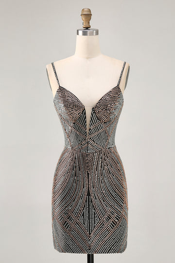 Sparkly Black Tight Short Homecoming Dress with Beading